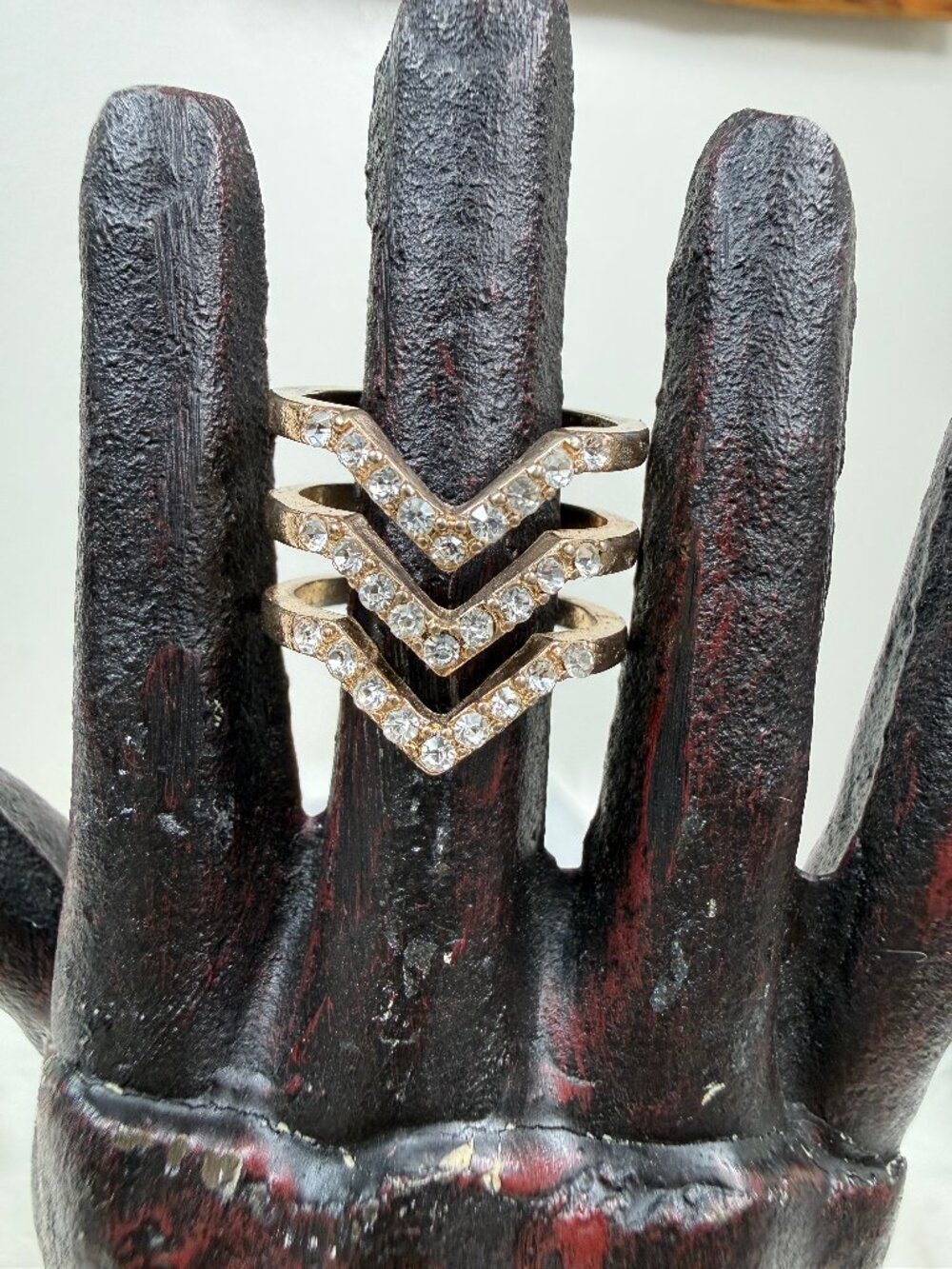 Gold Tone Rhinestone Chevon Ring Adjustable Size 9.75